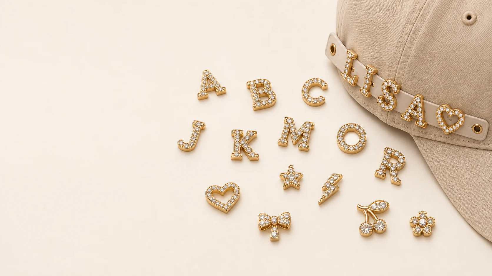 Crystal gold letters and charms beside a beige cap