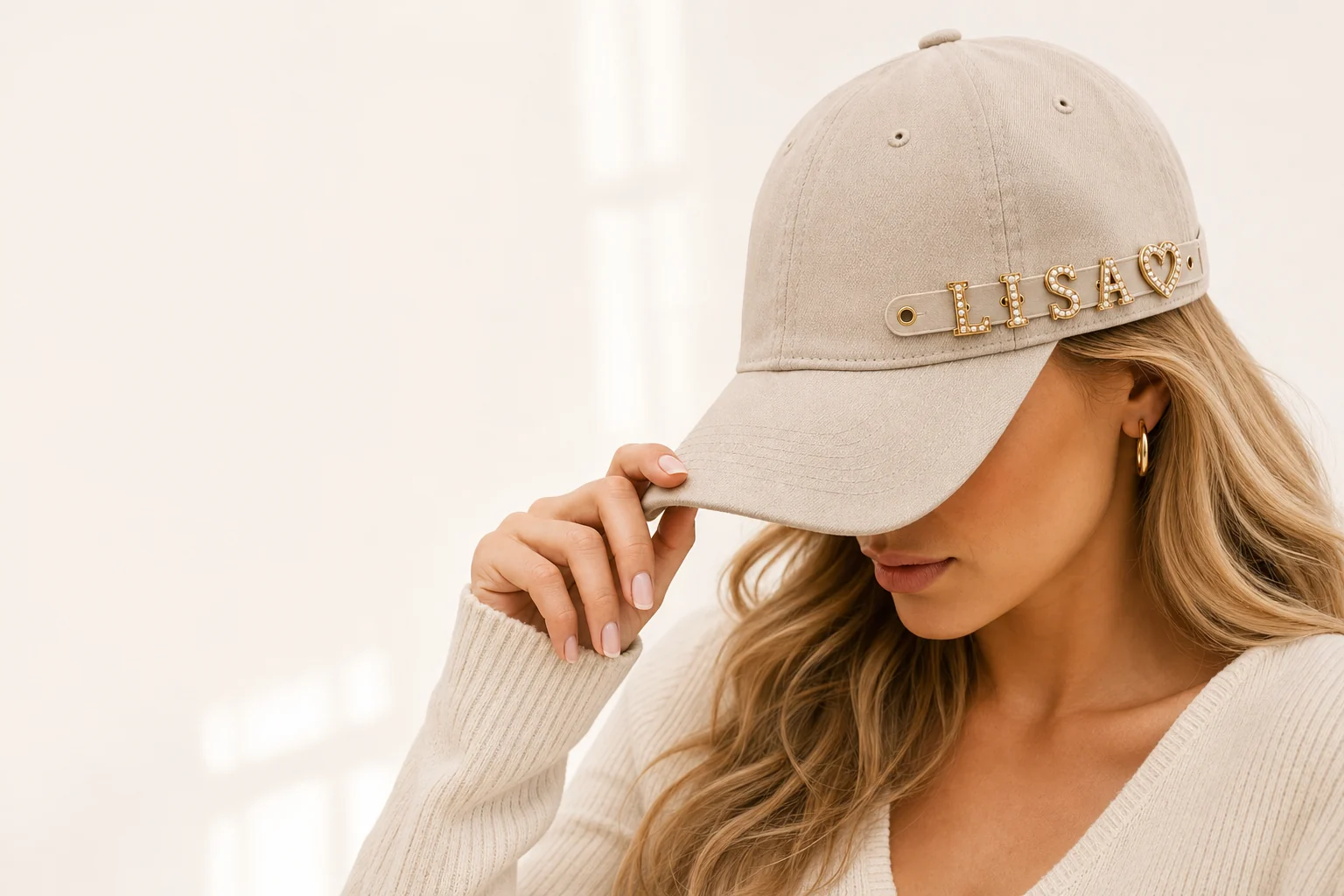 Woman wearing a personalized FEELACES letter cap